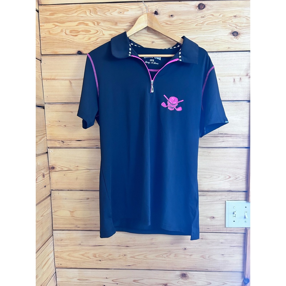 Tattoo Golf Lucky 13 Series Polo Shirt Womens‎ 2XL Black Pink Skull Quarter Zip